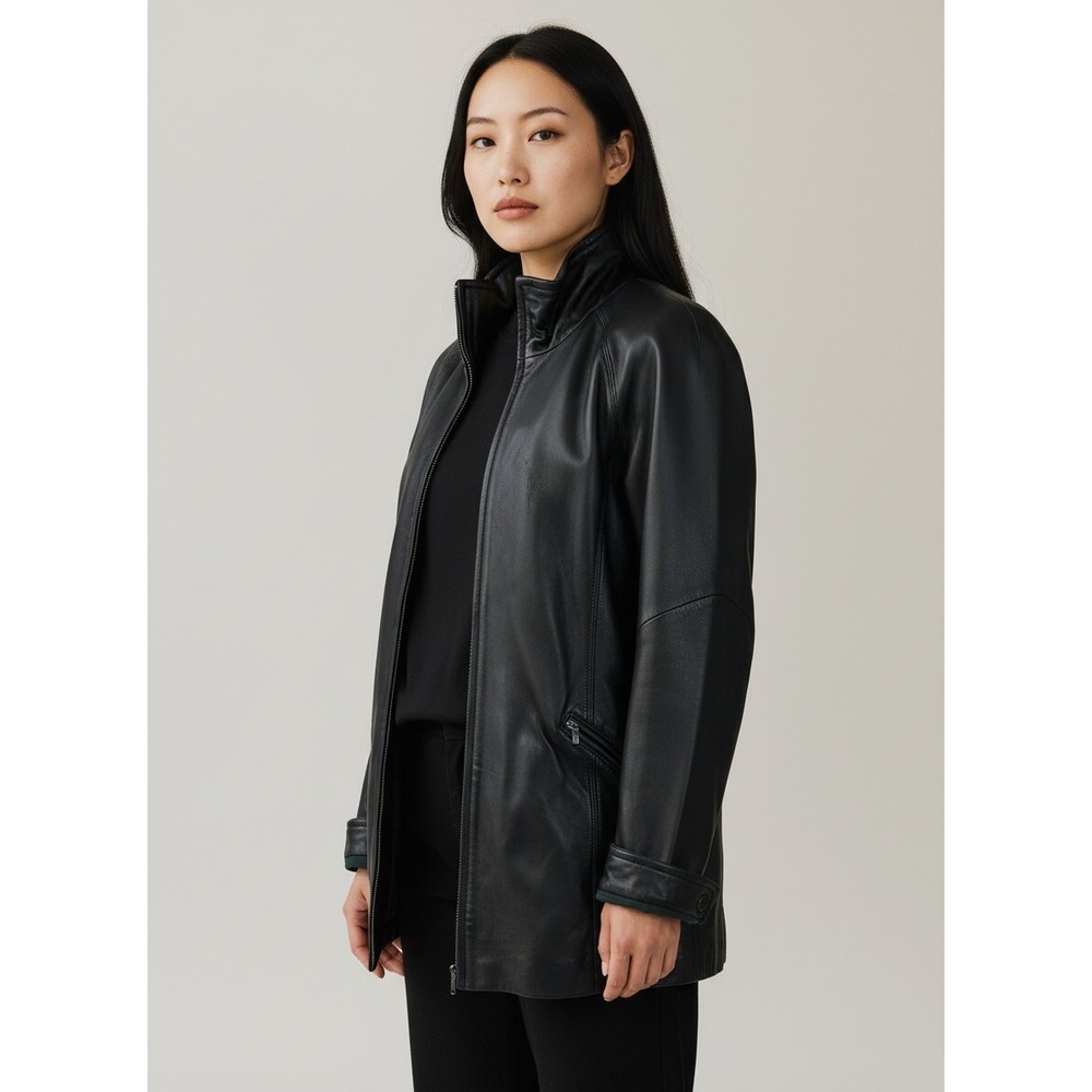 Vintage Y2K LIZ CLAIBORNE Black Leather Car Coat Jacket Zip Sz M Minimalist Goth
